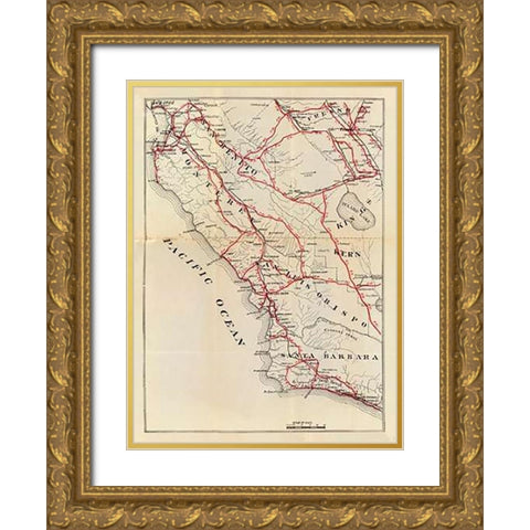 California - San Benito, Fresno, Monterey, San Luis Obispo, Kings, Kern, and Santa Barbara Counties, Gold Ornate Wood Framed Art Print with Double Matting by Blum, George W.