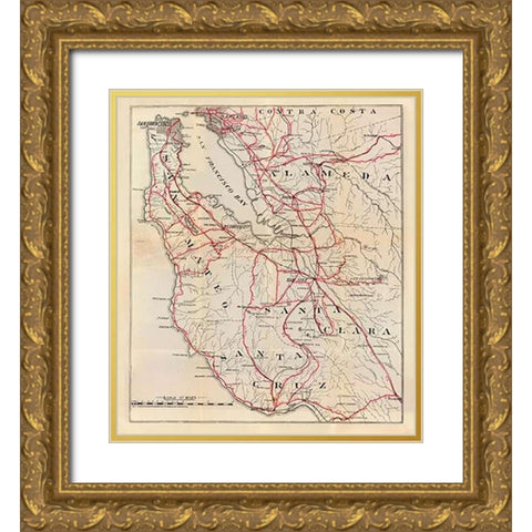 California - San Mateo, Santa Cruz, Santa Clara, Alameda, and Contra Costa Counties, 1896 Gold Ornate Wood Framed Art Print with Double Matting by Blum, George W.