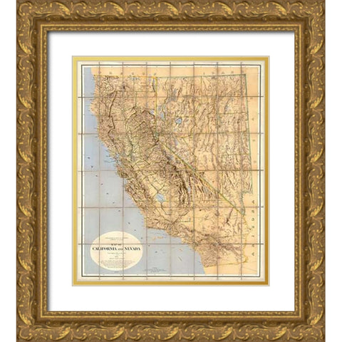 Map of California and Nevada, 1874 Gold Ornate Wood Framed Art Print with Double Matting by California Geological Survey