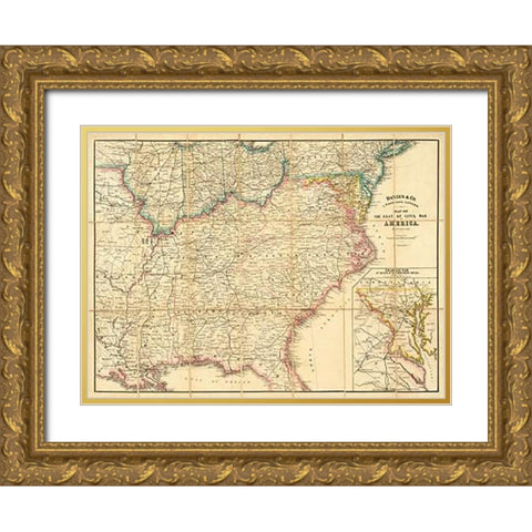 Map of The Seat of Civil War In America, 1862 Gold Ornate Wood Framed Art Print with Double Matting by Davies and Co.