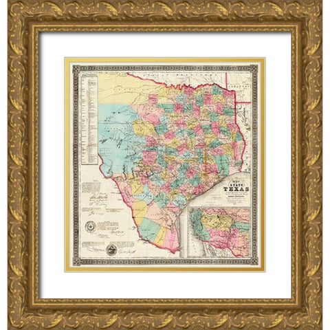 The State of Texas, 1856 Gold Ornate Wood Framed Art Print with Double Matting by De Cordova, Jacob