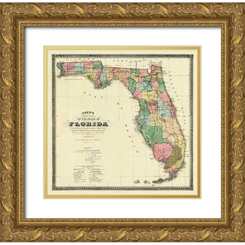 New Map of The State of Florida, 1870 Gold Ornate Wood Framed Art Print with Double Matting by Drew, Columbus