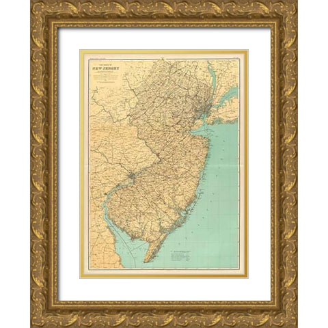 New Jersey State Map, 1888 Gold Ornate Wood Framed Art Print with Double Matting by Geological Survey of New Jersey