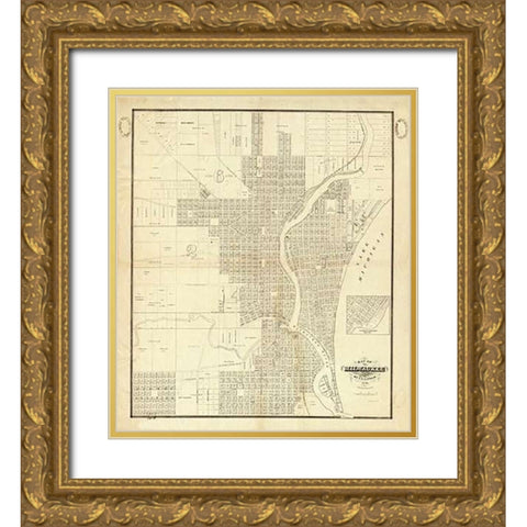 Map of Milwaukee, 1856 Gold Ornate Wood Framed Art Print with Double Matting by Lapham, I.A