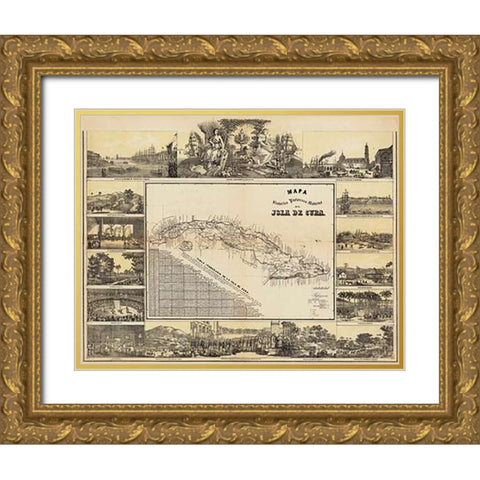 Mapa Historico Pintoresca Moderno de al Isla De Cuba, 1853 Gold Ornate Wood Framed Art Print with Double Matting by May, B. y Ca.