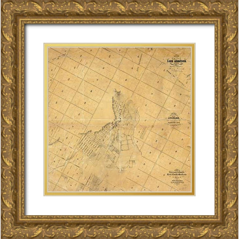 Map of The City of Los Angeles, 1857 Gold Ornate Wood Framed Art Print with Double Matting by C. Ord, E.O