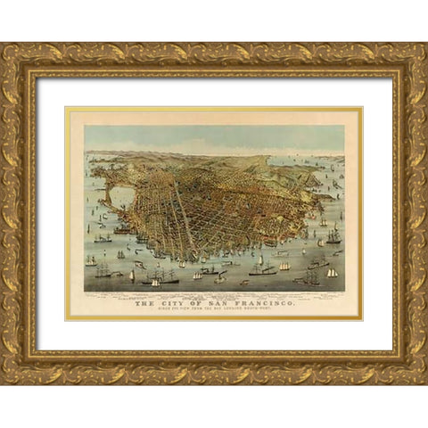 San Francisco Birds Eye View, 1878 Gold Ornate Wood Framed Art Print with Double Matting by Parsons, Charles