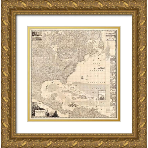 ComVintageite: British Empire in America, 1733 Gold Ornate Wood Framed Art Print with Double Matting by Popple, Henry