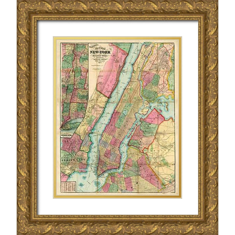 Map of New York and Adjacent Cities, 1874 Gold Ornate Wood Framed Art Print with Double Matting by Watson, Gaylord