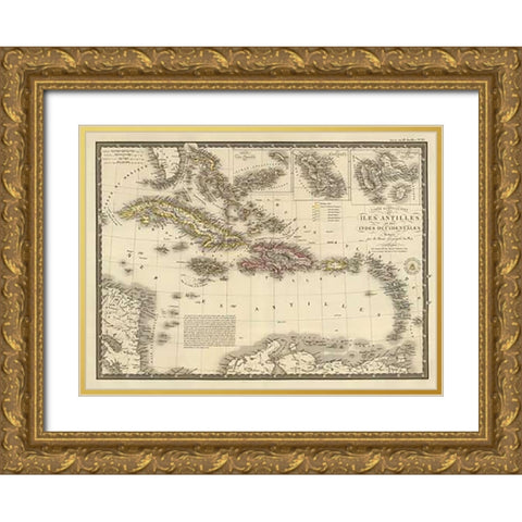 Iles Antilles ou des Indes Occidentales, 1828 Gold Ornate Wood Framed Art Print with Double Matting by Brue, Adrien Hubert
