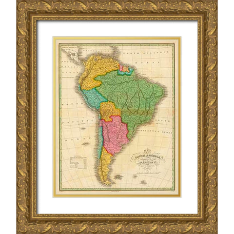 Map of South America, 1826 Gold Ornate Wood Framed Art Print with Double Matting by Finley, Anthony