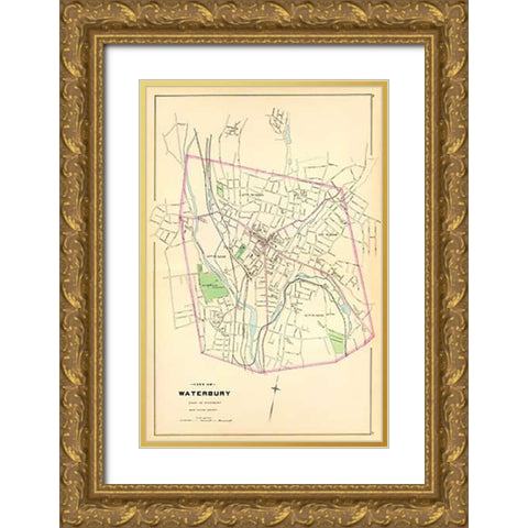 Waterbury, Connecticut, 1893 Gold Ornate Wood Framed Art Print with Double Matting by Hurd and Co., D.H