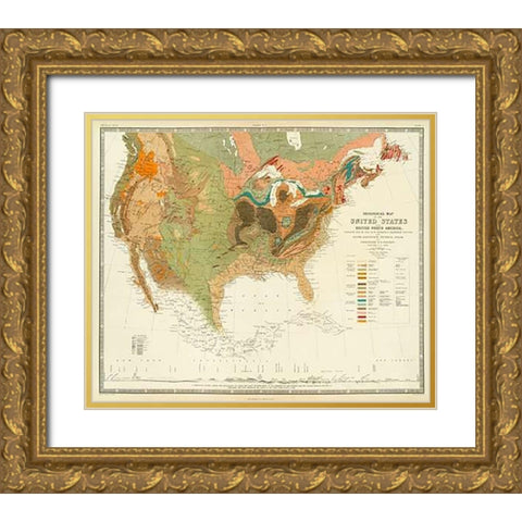 Geological map of the United States, 1856 Gold Ornate Wood Framed Art Print with Double Matting by Rogers, Henry Darwin