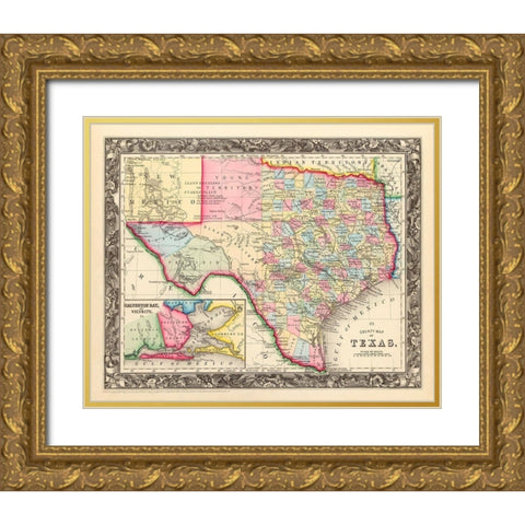 County Map Of Texas, 1860 Gold Ornate Wood Framed Art Print with Double Matting by Mitchell, Samuel Augustus