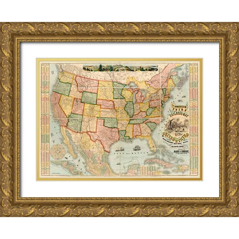 American Union Railroad Map Of The United States, 1871 Gold Ornate Wood Framed Art Print with Double Matting by Haasis and Lubrecht