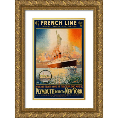 French Line/Plymouth to New York/â€Parisâ€ Gold Ornate Wood Framed Art Print with Double Matting by Rodmell, Harry Hudson