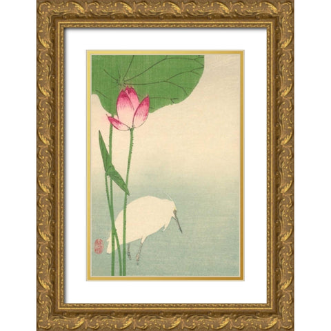 White heron and lotus, 1894 Gold Ornate Wood Framed Art Print with Double Matting by Baison
