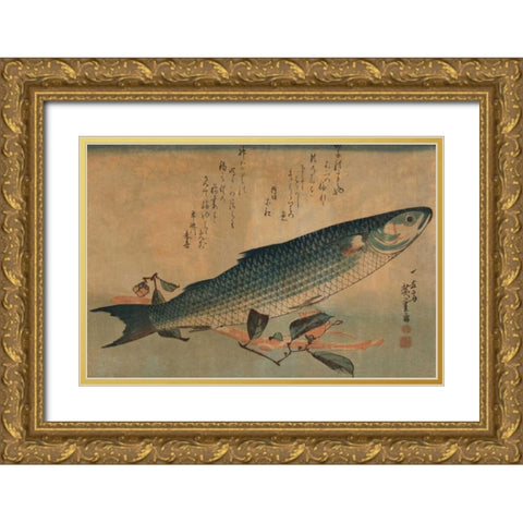 Striped mullet, 1834 Gold Ornate Wood Framed Art Print with Double Matting by Hiroshige, Ando