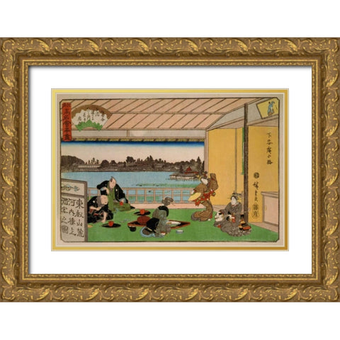 Drinking party at restaurant Kawachiro (Kawachiro / Hiroshige-ga), 1837 Gold Ornate Wood Framed Art Print with Double Matting by Hiroshige, Ando