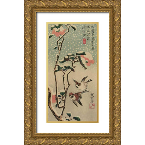 Sparrows and camellias in snow., 1840 Gold Ornate Wood Framed Art Print with Double Matting by Hiroshige, Ando