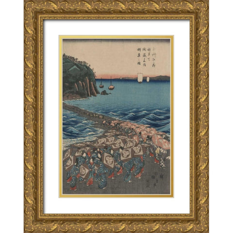 Opening celebration of Benzaiten Shrine at Enoshima in Soshu.  Gold Ornate Wood Framed Art Print with Double Matting by Hiroshige, Ando