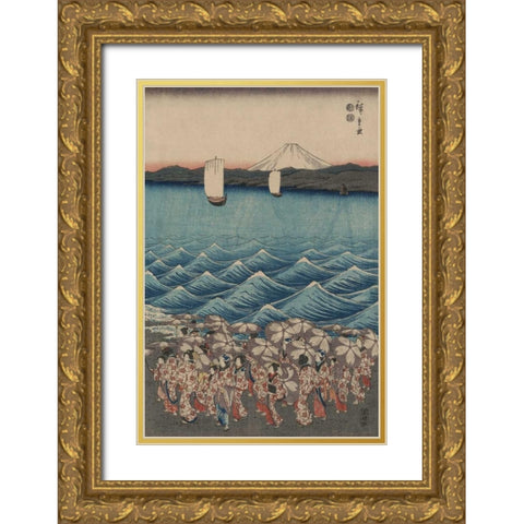 Opening celebration of Benzaiten Shrine at Enoshima in Soshu.  Gold Ornate Wood Framed Art Print with Double Matting by Hiroshige, Ando
