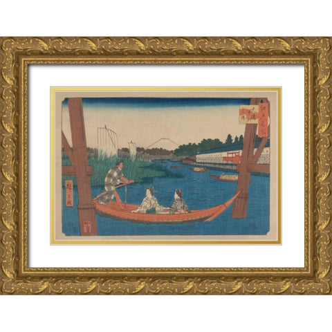 Island bridge in Mitsumata (Ohashi nakazu mitsumata), 1854 Gold Ornate Wood Framed Art Print with Double Matting by Hiroshige, Ando