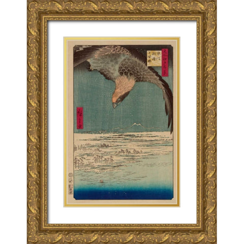 Hawk flying above a snowy landscape along the coastline., 1857 Gold Ornate Wood Framed Art Print with Double Matting by Hiroshige, Ando