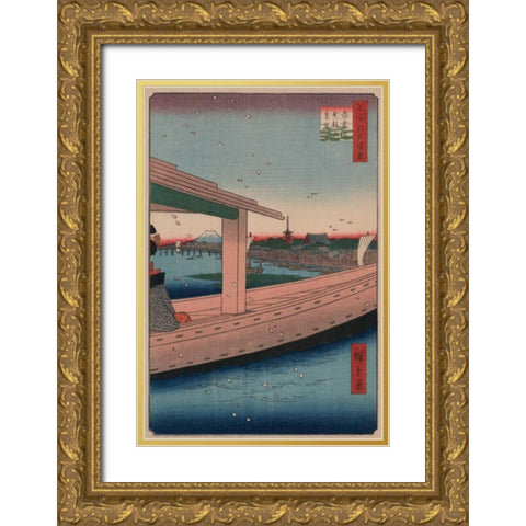 Distant view of Kinryuzan Temple and Azuma Bridge (Azumabashi kinryuzan enbo), 1857 Gold Ornate Wood Framed Art Print with Double Matting by Hiroshige, Ando