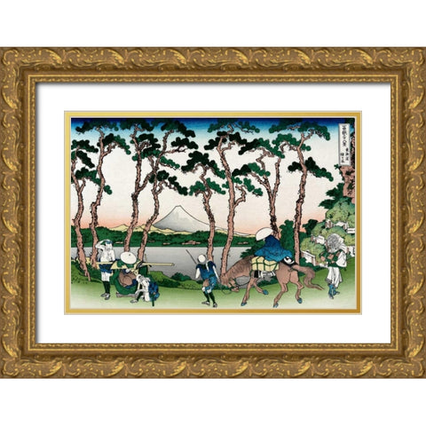 Hodogaya on the Tokaido Road, 1830 Gold Ornate Wood Framed Art Print with Double Matting by Hokusai