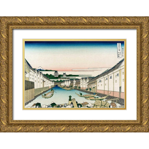 Nihonbashi Bridge in Edo, 1830 Gold Ornate Wood Framed Art Print with Double Matting by Hokusai