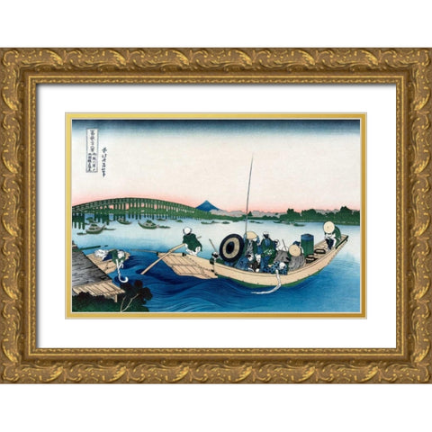 Sunset across Ryogoku Bridge from the Bank of the Sumida River at Onmayyagashi, 1830 Gold Ornate Wood Framed Art Print with Double Matting by Hokusai