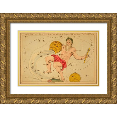 Aquarius, Piscis Australis and Ballon Aerostatique, 1825 Gold Ornate Wood Framed Art Print with Double Matting by Aspin, Jehoshaphat