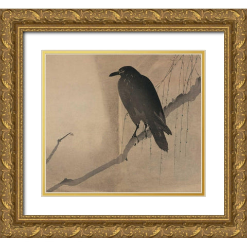 Crow on a willow branch, 1875 Gold Ornate Wood Framed Art Print with Double Matting by Unknown