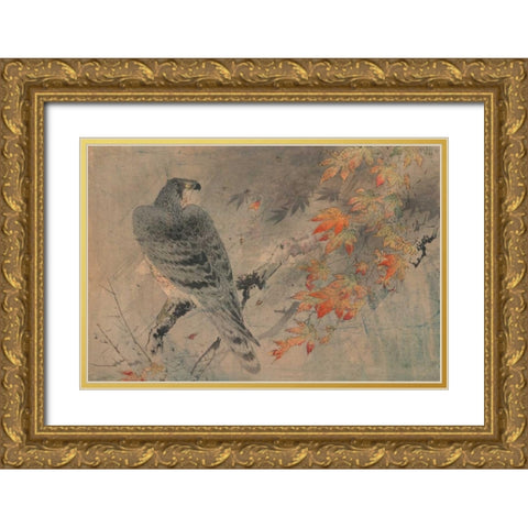 Eagle on a maple branch Gold Ornate Wood Framed Art Print with Double Matting by Unknown