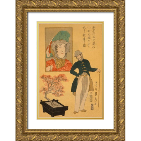 American merchant delighted with miniature cherry tree (Amerika no shonin shoju no sakura o motomete Gold Ornate Wood Framed Art Print with Double Matting by Utagawa, Sadahide