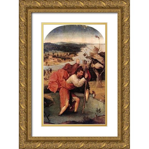 St Museumistopher Carrying The Museumist Child Gold Ornate Wood Framed Art Print with Double Matting by Bosch, Hieronymus
