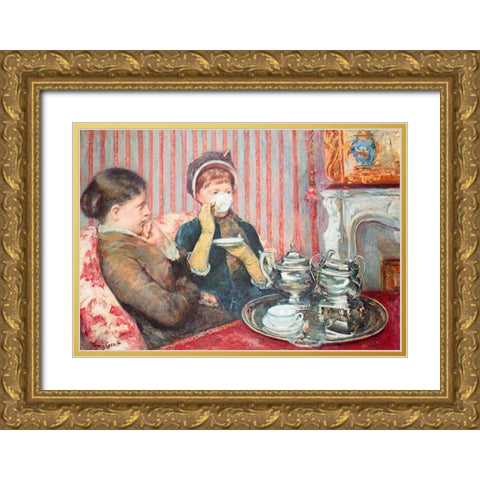 A Cup Of Tea 1880 Gold Ornate Wood Framed Art Print with Double Matting by Cassatt, Mary