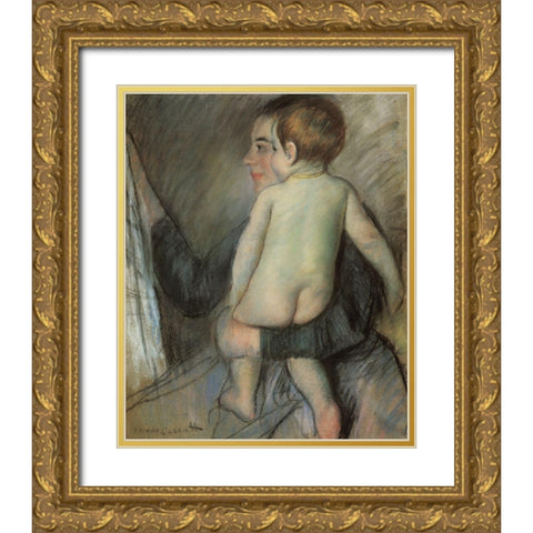 At The Window 1889 Gold Ornate Wood Framed Art Print with Double Matting by Cassatt, Mary