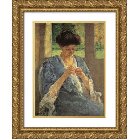 Augusta Sewing Before A Window 1910 Gold Ornate Wood Framed Art Print with Double Matting by Cassatt, Mary