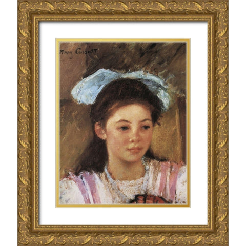 Ellen Mary With A Large Bow In Her Hair 1908 Gold Ornate Wood Framed Art Print with Double Matting by Cassatt, Mary