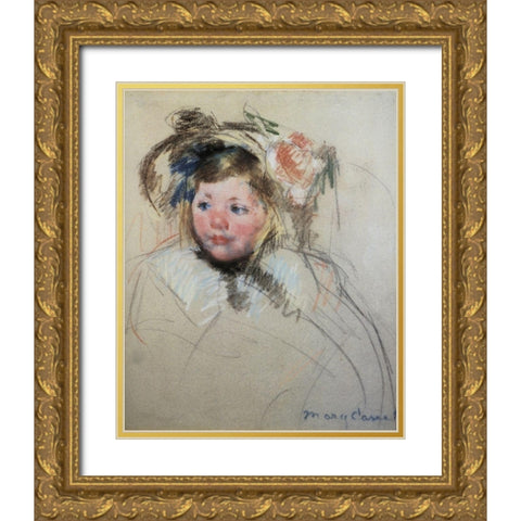 Head Of Sara In A Bonnet Looking To The Left 1901 Gold Ornate Wood Framed Art Print with Double Matting by Cassatt, Mary