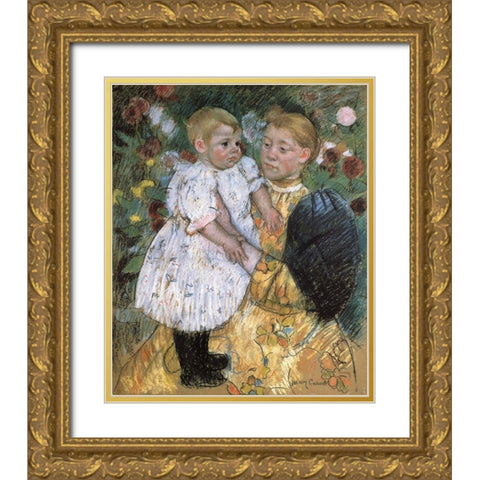 In The Garden 1893 Gold Ornate Wood Framed Art Print with Double Matting by Cassatt, Mary