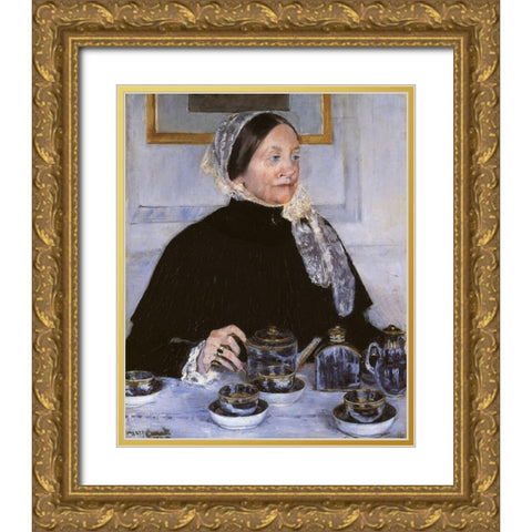 Lady At The Tea Table 1883 Gold Ornate Wood Framed Art Print with Double Matting by Cassatt, Mary