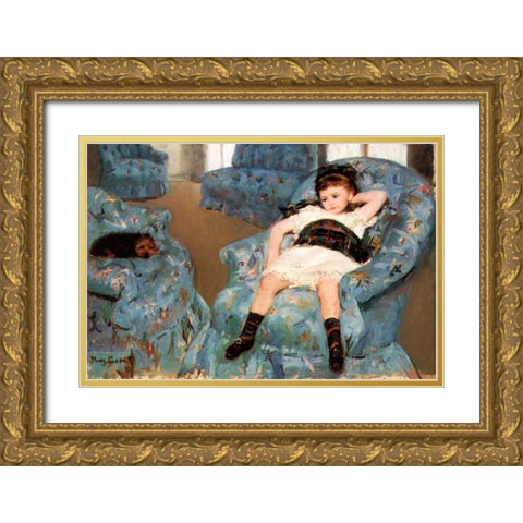 Little Girl In A Blue Armchair 1878 Gold Ornate Wood Framed Art Print with Double Matting by Cassatt, Mary