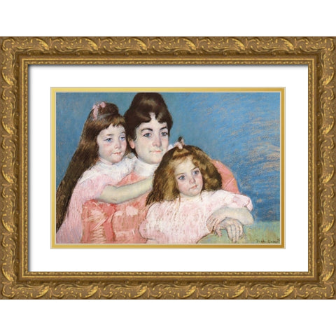 Madame Aude And Her Two Daughters 1899 Gold Ornate Wood Framed Art Print with Double Matting by Cassatt, Mary