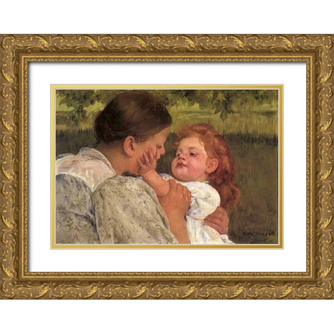 Maternal Caress 1896 Gold Ornate Wood Framed Art Print with Double Matting by Cassatt, Mary