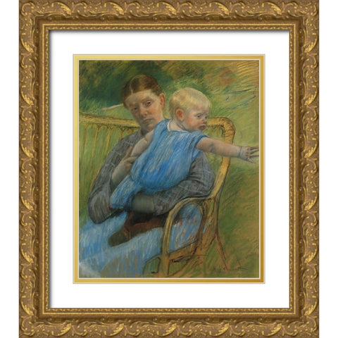Mathilde Holding A Baby Who Reaches Out To The Right 1889 Gold Ornate Wood Framed Art Print with Double Matting by Cassatt, Mary
