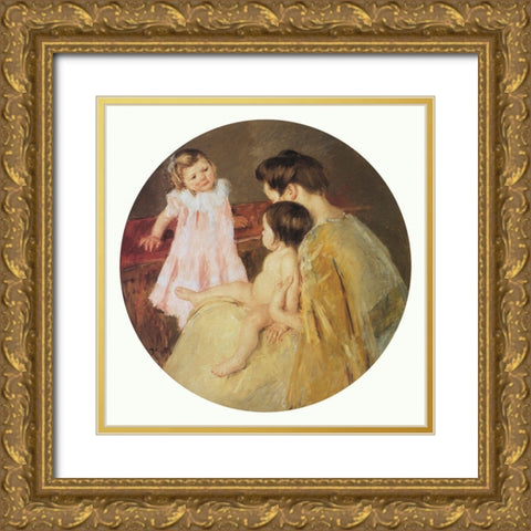 Mother And Two Children Mural For Capitol Bldg PA 1905 Gold Ornate Wood Framed Art Print with Double Matting by Cassatt, Mary