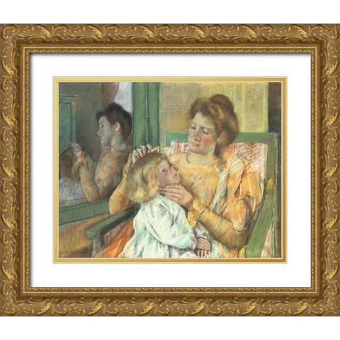 Mother Combing Her Childs Hair 1898 Gold Ornate Wood Framed Art Print with Double Matting by Cassatt, Mary